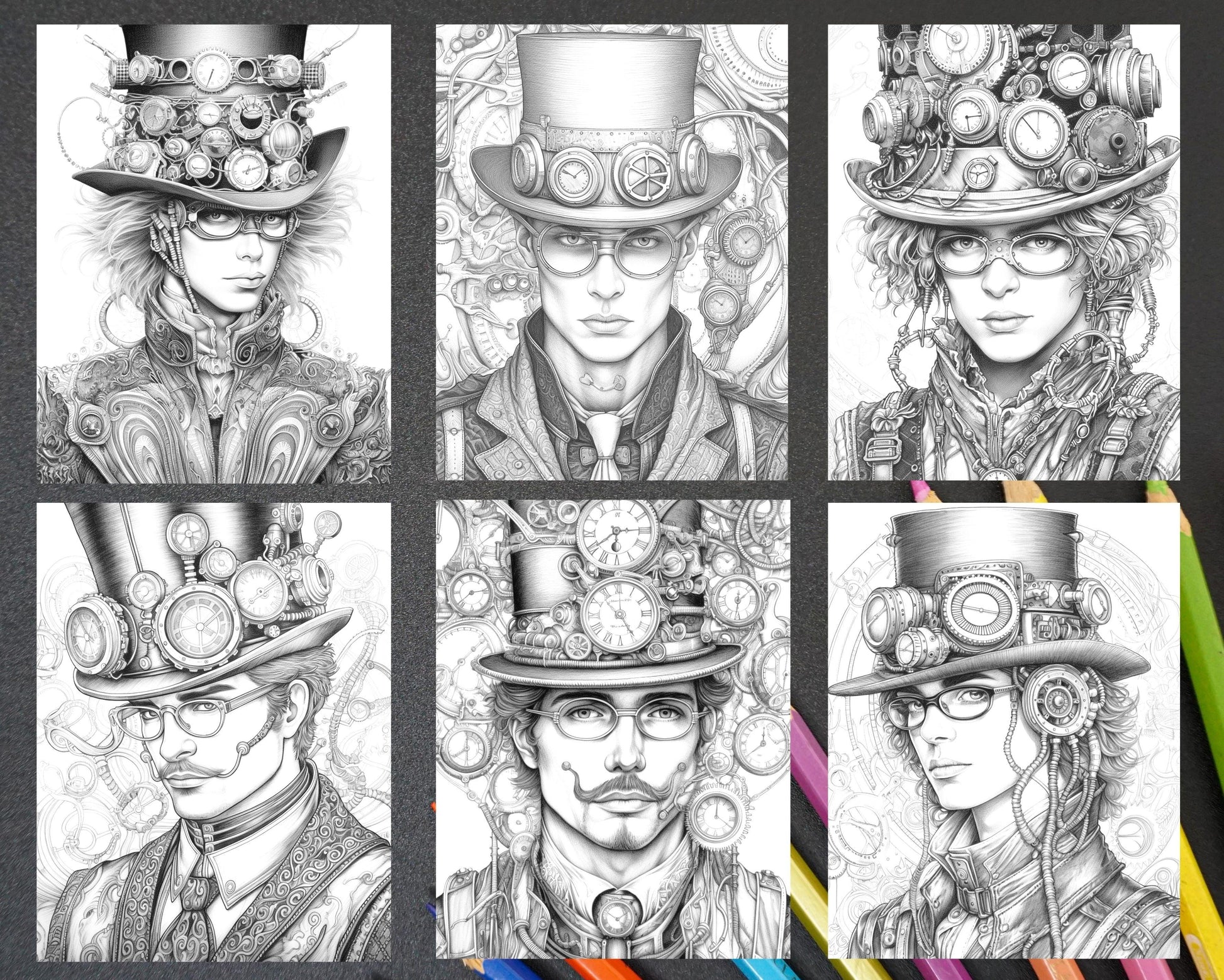 42 Steampunk Mens Grayscale Coloring Pages Printable for Adults, PDF File Instant Download