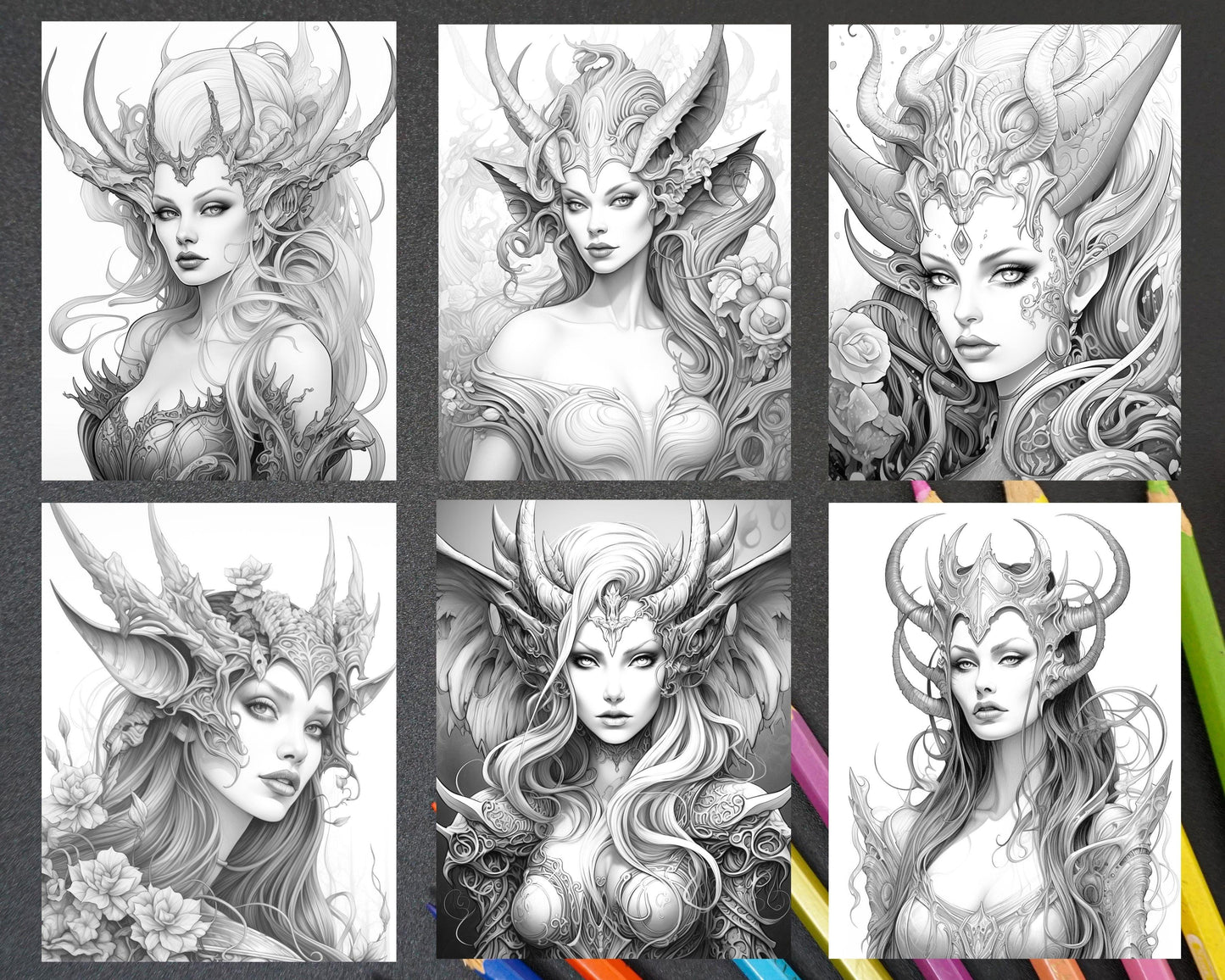 40 Dark Evil Fairy Grayscale Coloring Pages Printable for Adults, PDF File Instant Download