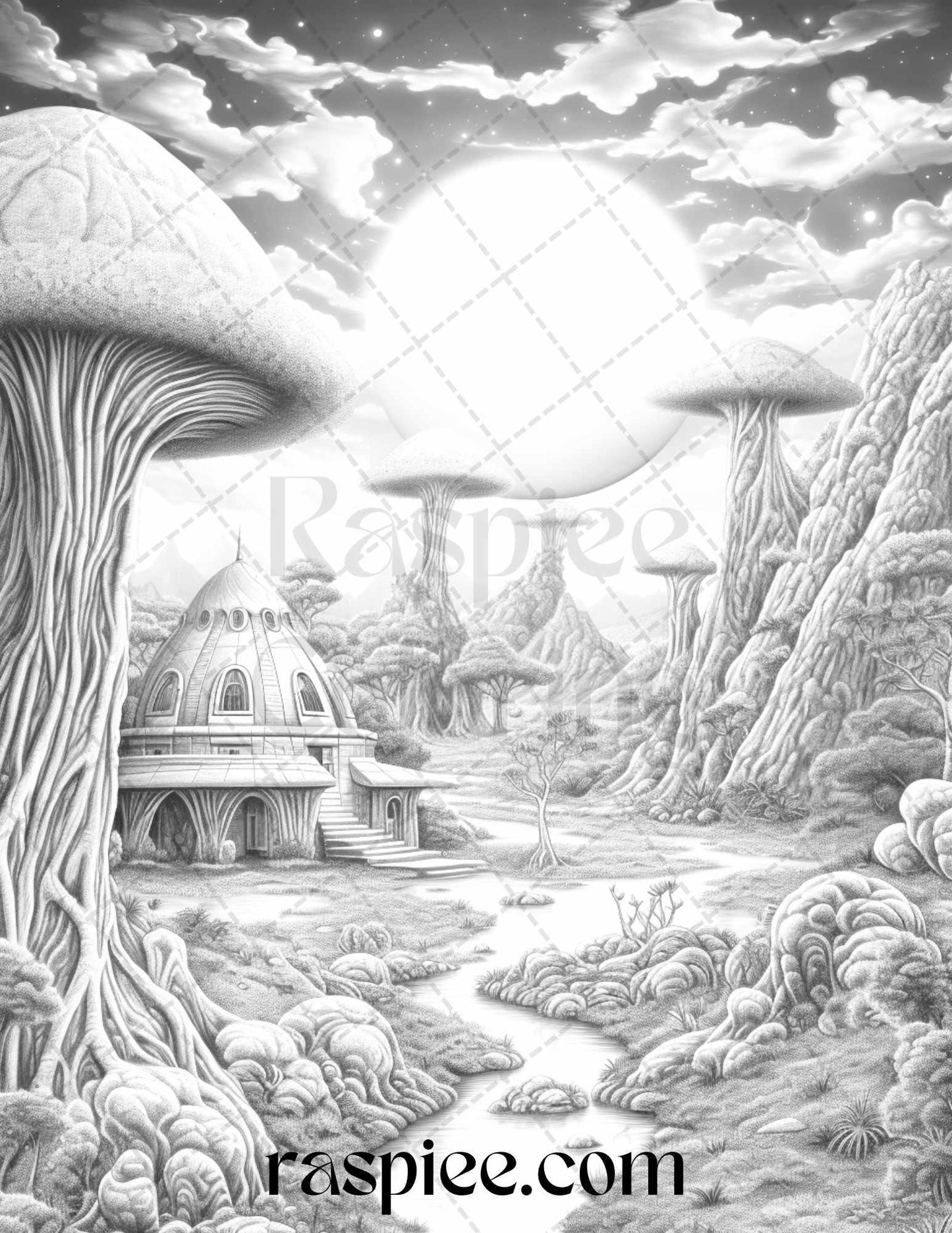 40 Alien Houses Grayscale Coloring Pages for Adults, Printable PDF File Instant Download