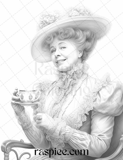 50 Victorian Grandma Grayscale Coloring Pages Printable for Adults, PDF File Instant Download