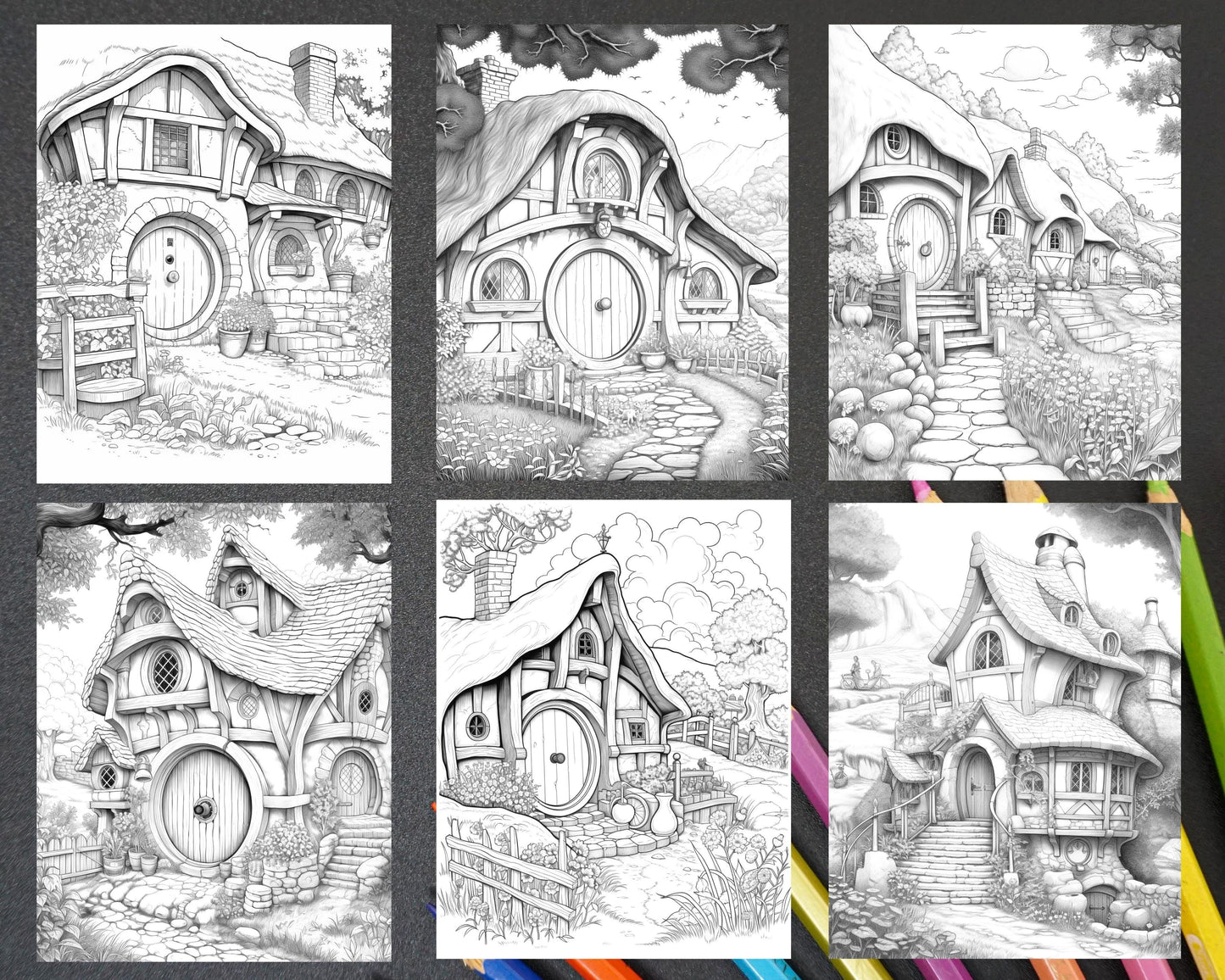 43 Enchanted Hobbiton Houses Grayscale Coloring Pages Printable for Adults, PDF File Instant Download