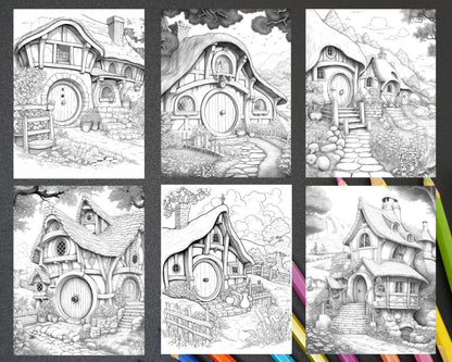 43 Enchanted Hobbiton Houses Grayscale Coloring Pages Printable for Adults, PDF File Instant Download