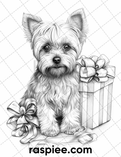 45 Christmas Dogs Grayscale Coloring Pages for Adults, Printable PDF Instant Download