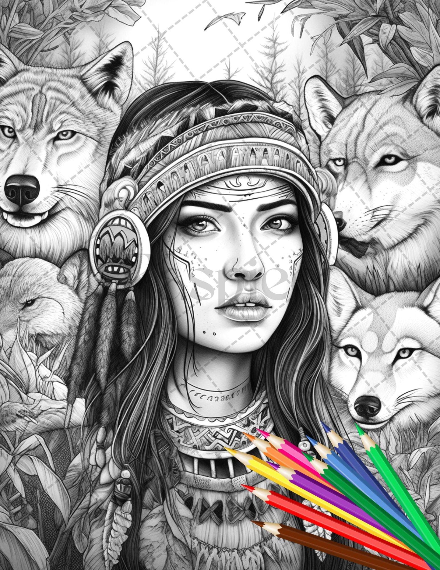 30 Native American Girls Printable Coloring Pages for Adult, Native American Culture Grayscale Coloring Book, Printable PDF File Download