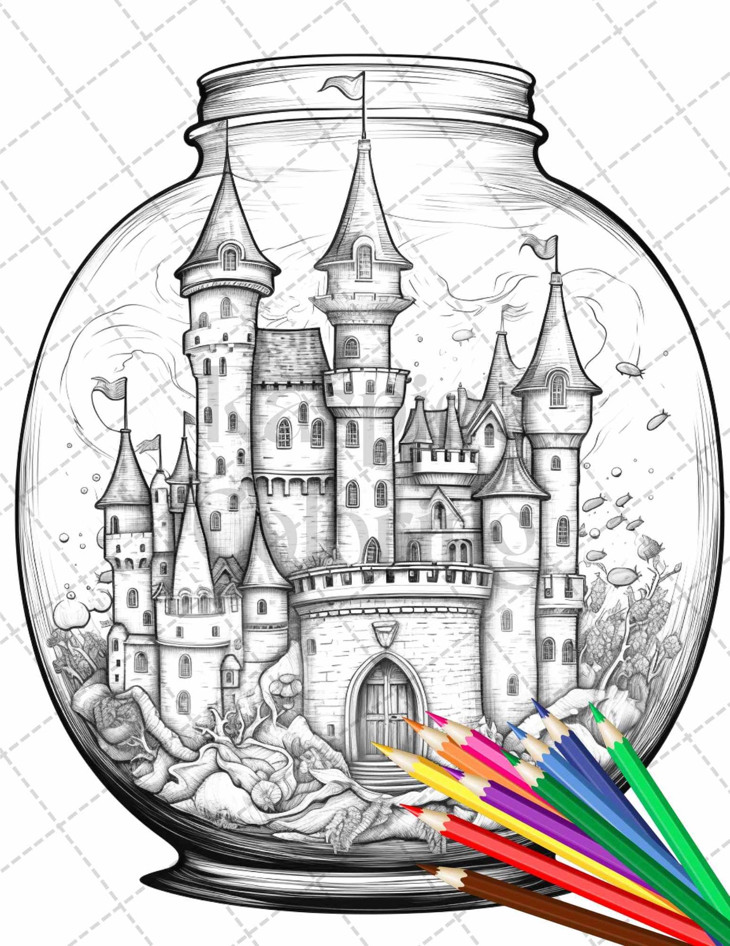 42 Fantasy Castle In Jar Grayscale Coloring Pages Printable for Adults, PDF File Instant Download