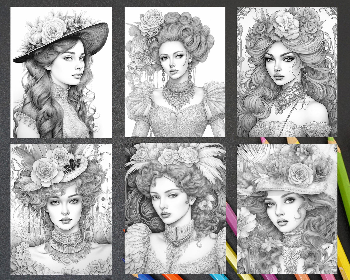 43 Beautiful Victorian Women Grayscale Coloring Pages Printable for Adults, PDF File Instant Download