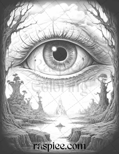 40 Surrealism Eyes Grayscale Coloring Pages Printable for Adults, PDF File Instant Download