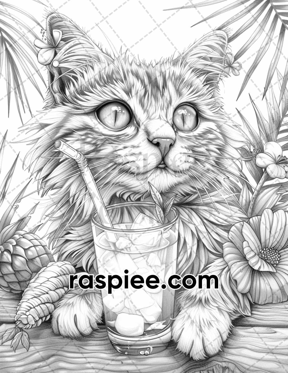 100 Summer Cats Grayscale Adult Coloring Pages, Printable PDF Instant Download