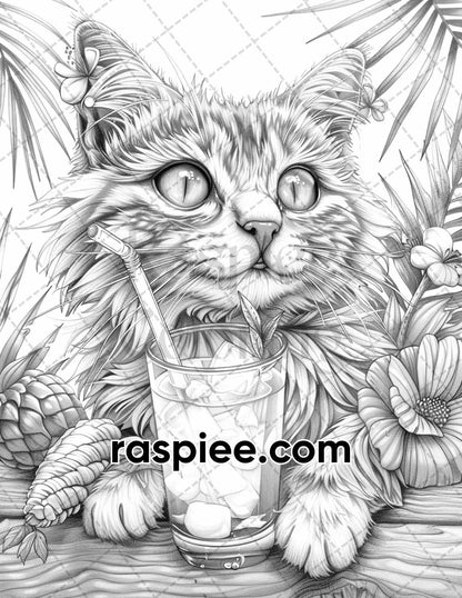 100 Summer Cats Grayscale Adult Coloring Pages, Printable PDF Instant Download