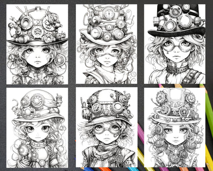 31 Adorable Steampunk Girls Coloring Pages Printable for Adults, Grayscale Coloring Page, PDF File Instant Download