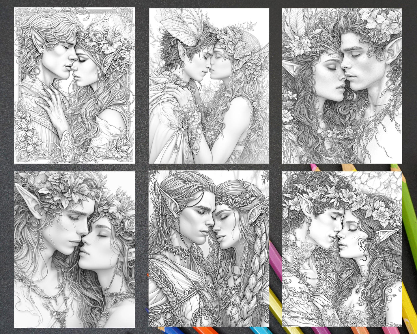 50 Romantic Elf Couple Portraits Adult Coloring Pages, Grayscale Illustration, Printable PDF Instant Download