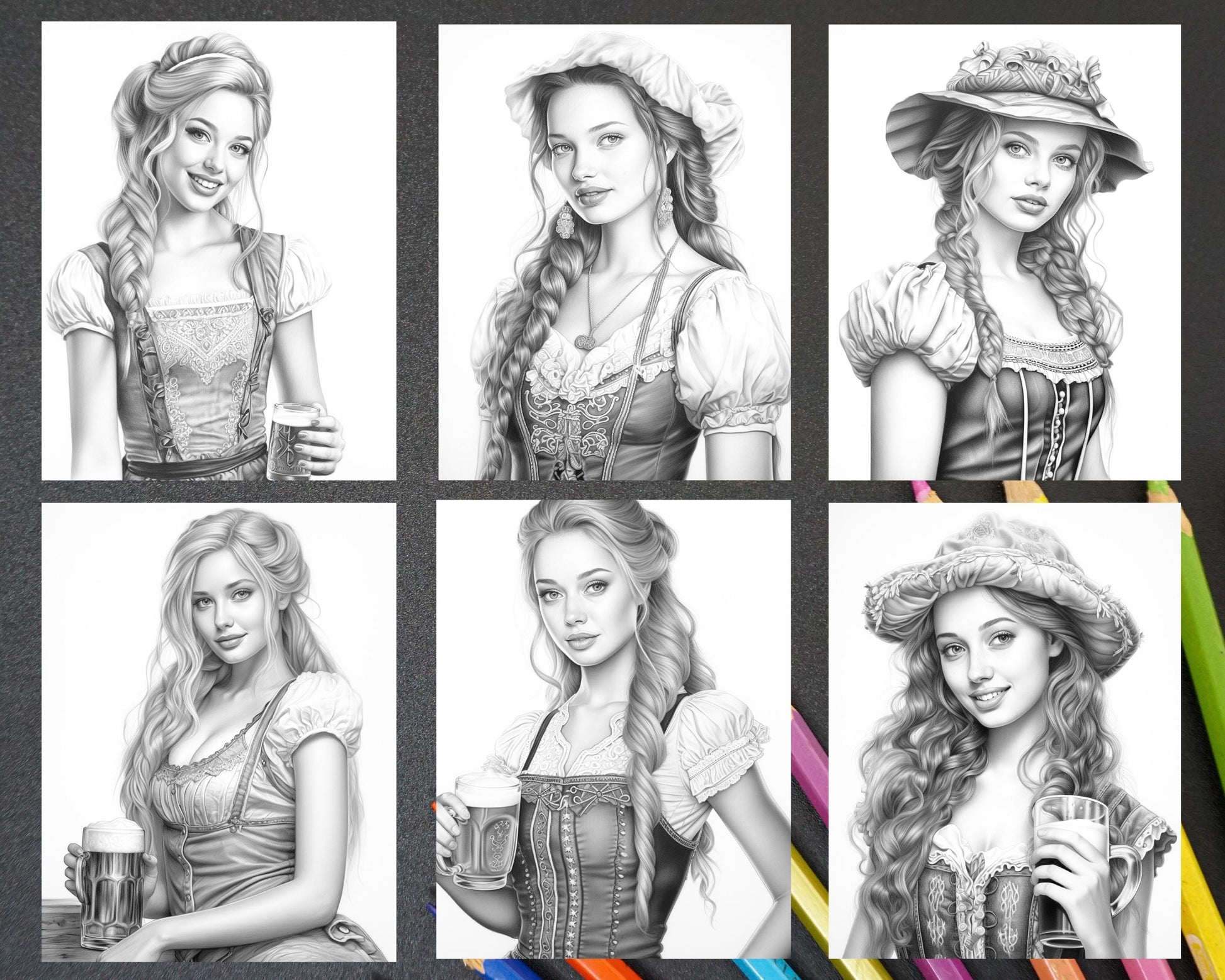 50 Oktoberfest Girls Grayscale Coloring Pages for Adults, Printable PDF Instant Download