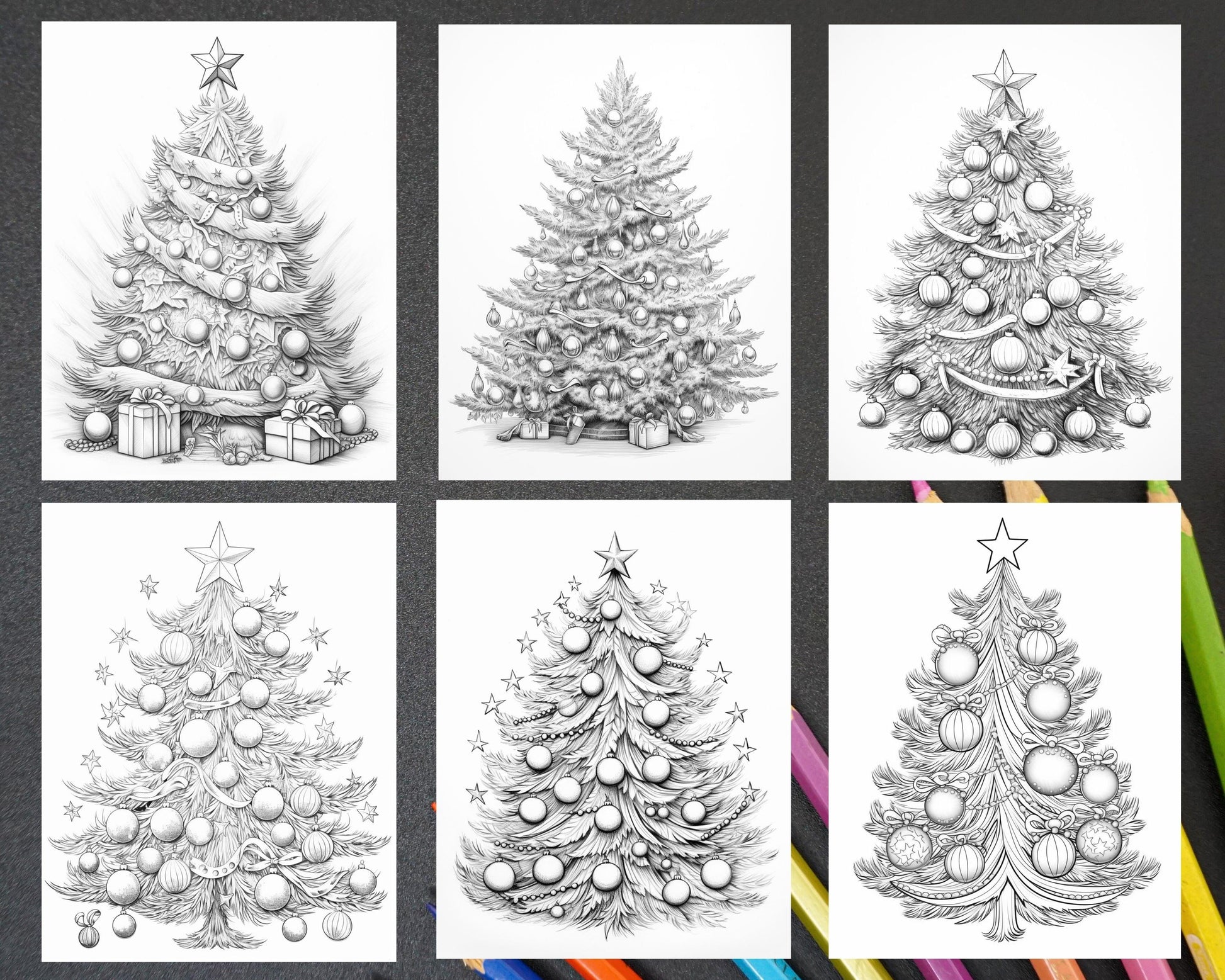 40 Christmas Tree Grayscale Coloring Pages for Adults, Printable PDF Instant Download