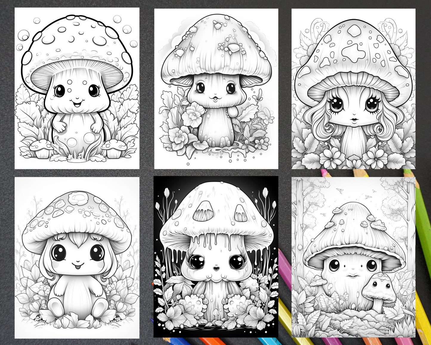 40 Kawaii Mushrooms Grayscale Coloring Pages for Adults, Printable PDF Instant Download