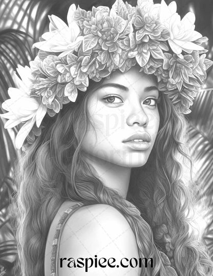 40 Hawaiian Girls Grayscale Coloring Pages Printable for Adults, PDF File Instant Download