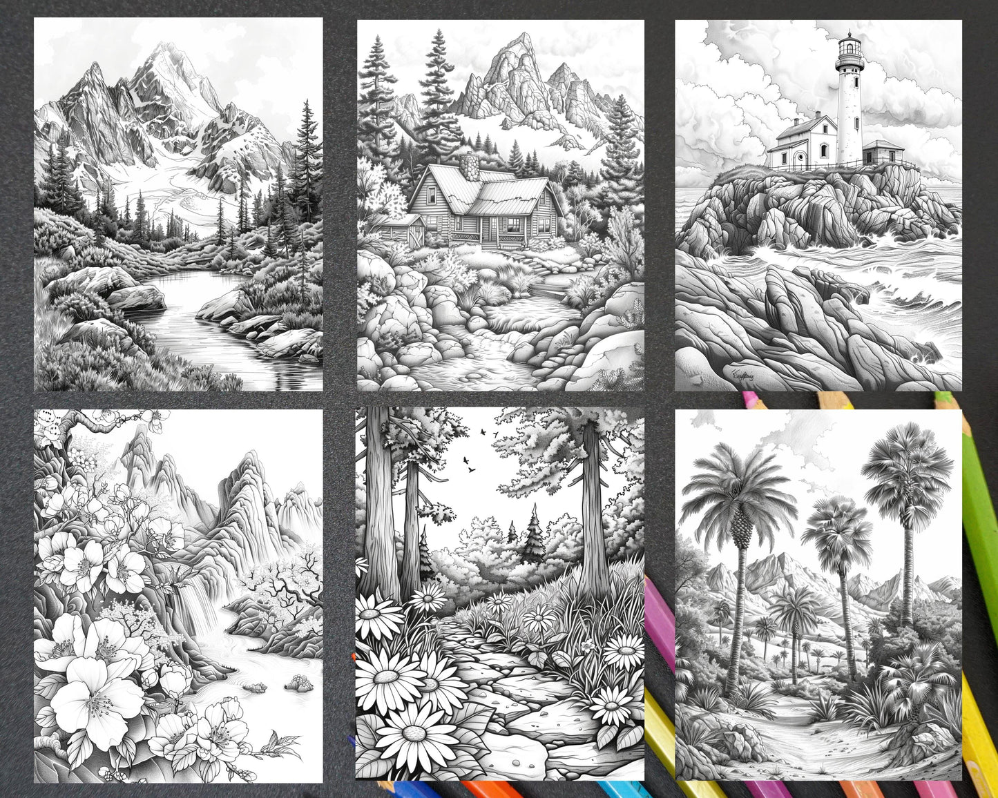 101 Relaxing Landscapes Grayscale Adult Coloring Pages Printable PDF Instant Download