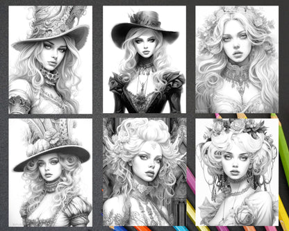 40 Beautiful Gothic Girls Grayscale Coloring Pages Printable for Adults, PDF File Instant Download