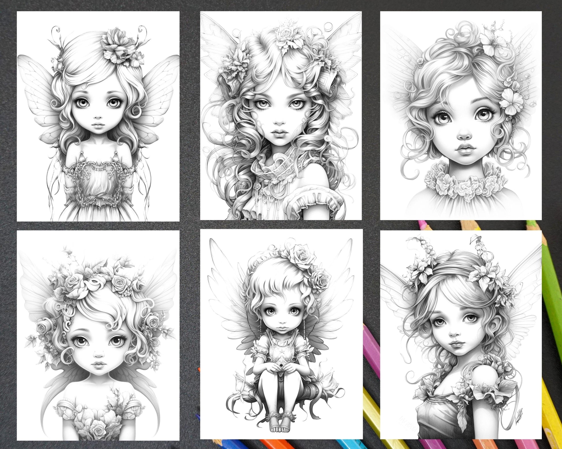 45 Adorable Chibi Fairy Grayscale Coloring Pages Printable for Adults, PDF File Instant Download