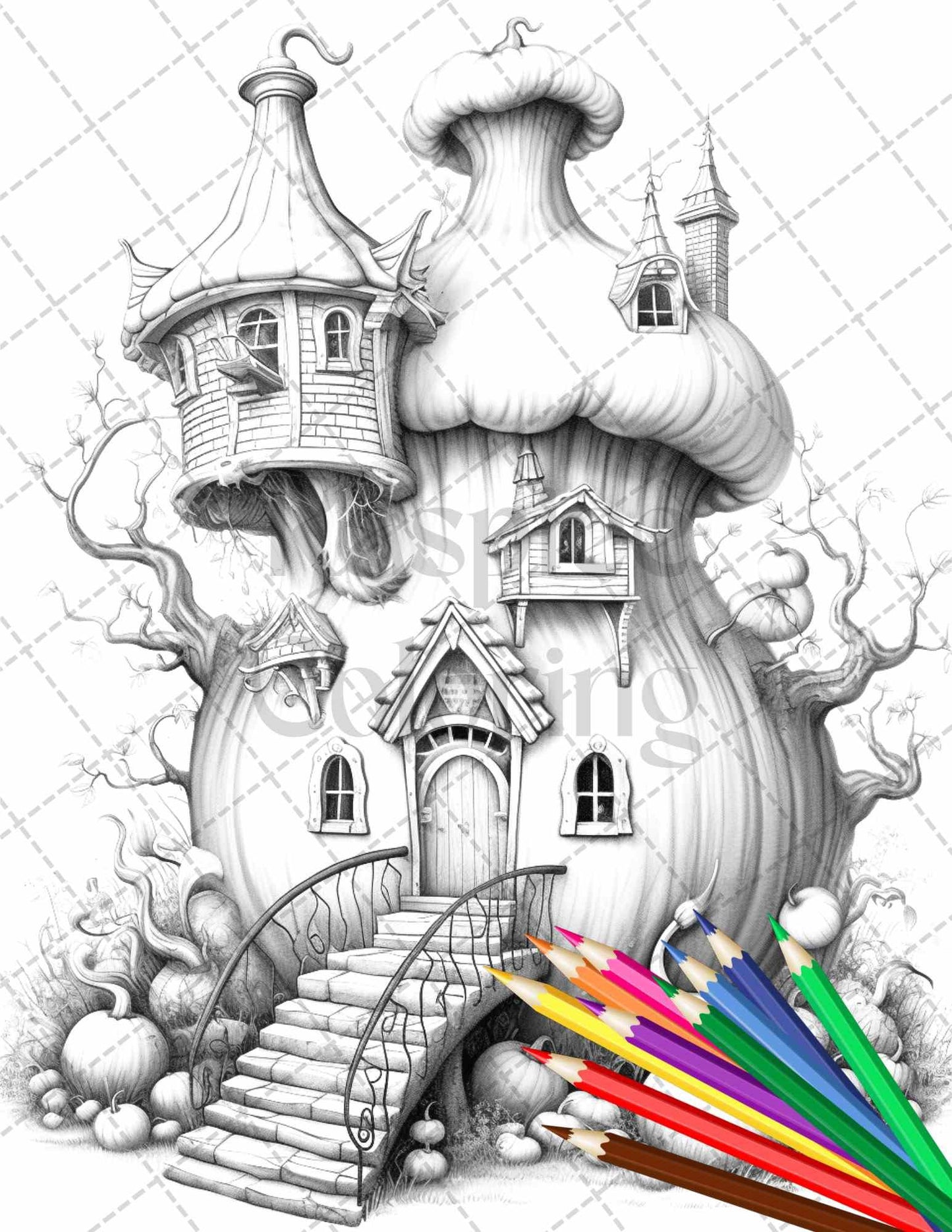 40 Pumpkin Fairy Houses Grayscale Coloring Pages Printable for Adults, PDF File Instant Download