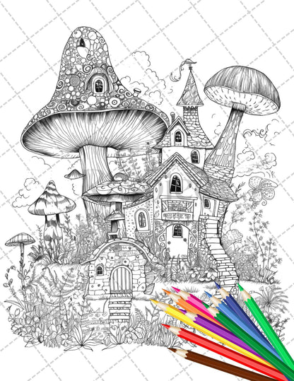 32 Whimsical Mushroom House Coloring Pages for Adults, Grayscale Coloring Book, Printable PDF File Download