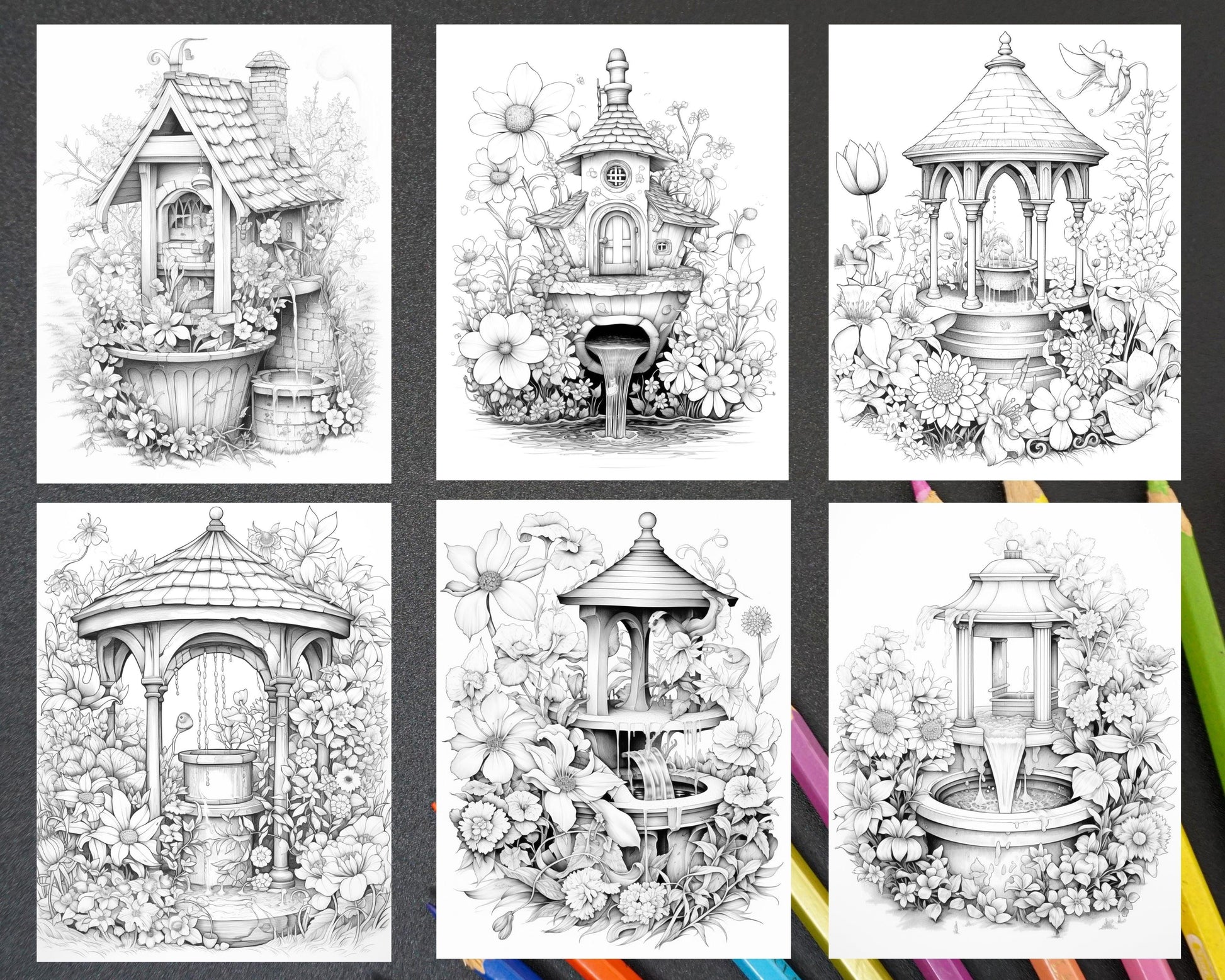 40 Whimsical Wishing Wells Grayscale Coloring Pages Printable for Adults, PDF File Instant Download