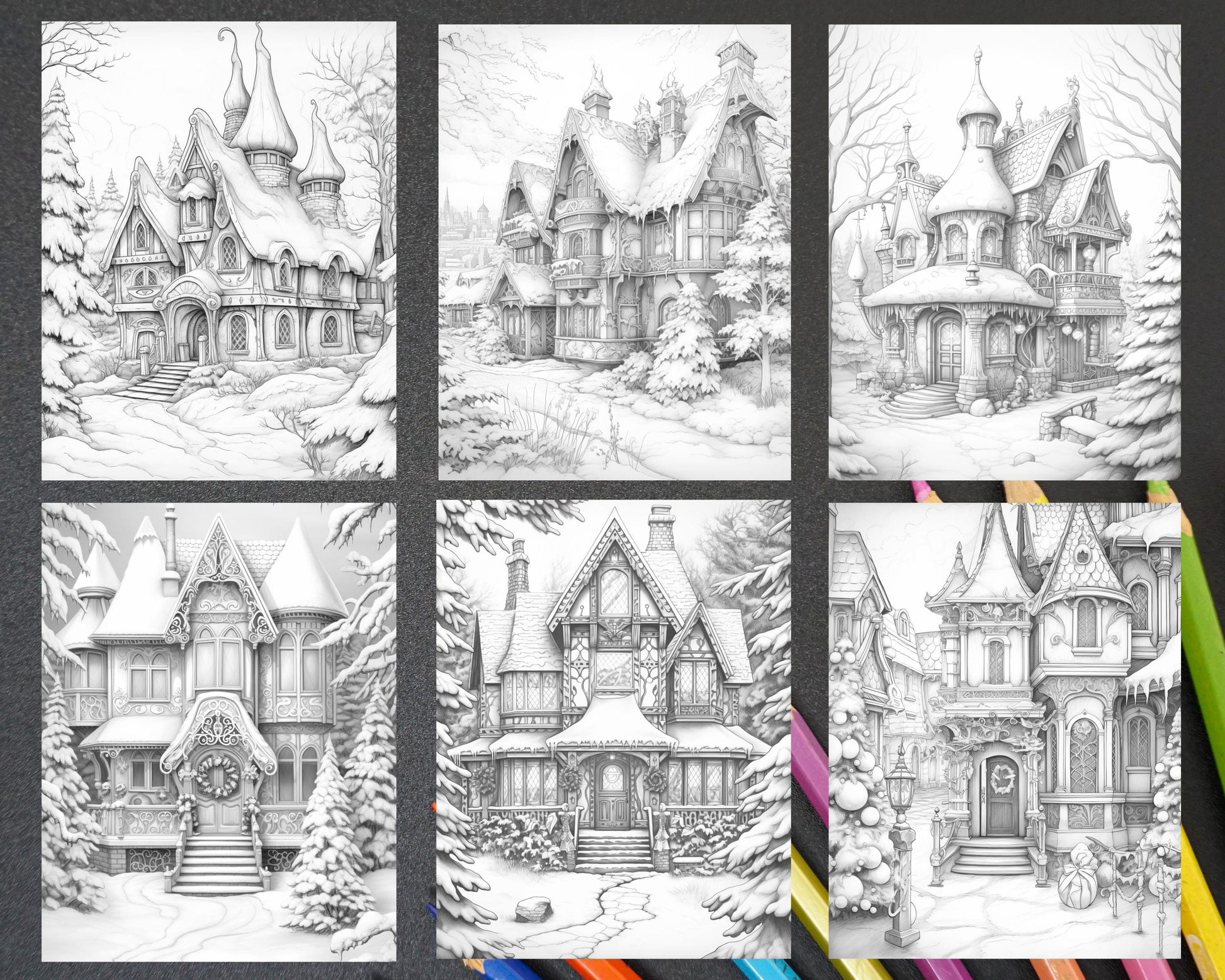 42 Fantasy Christmas Houses Grayscale Coloring Pages Printable for Adults, PDF File Instant Download