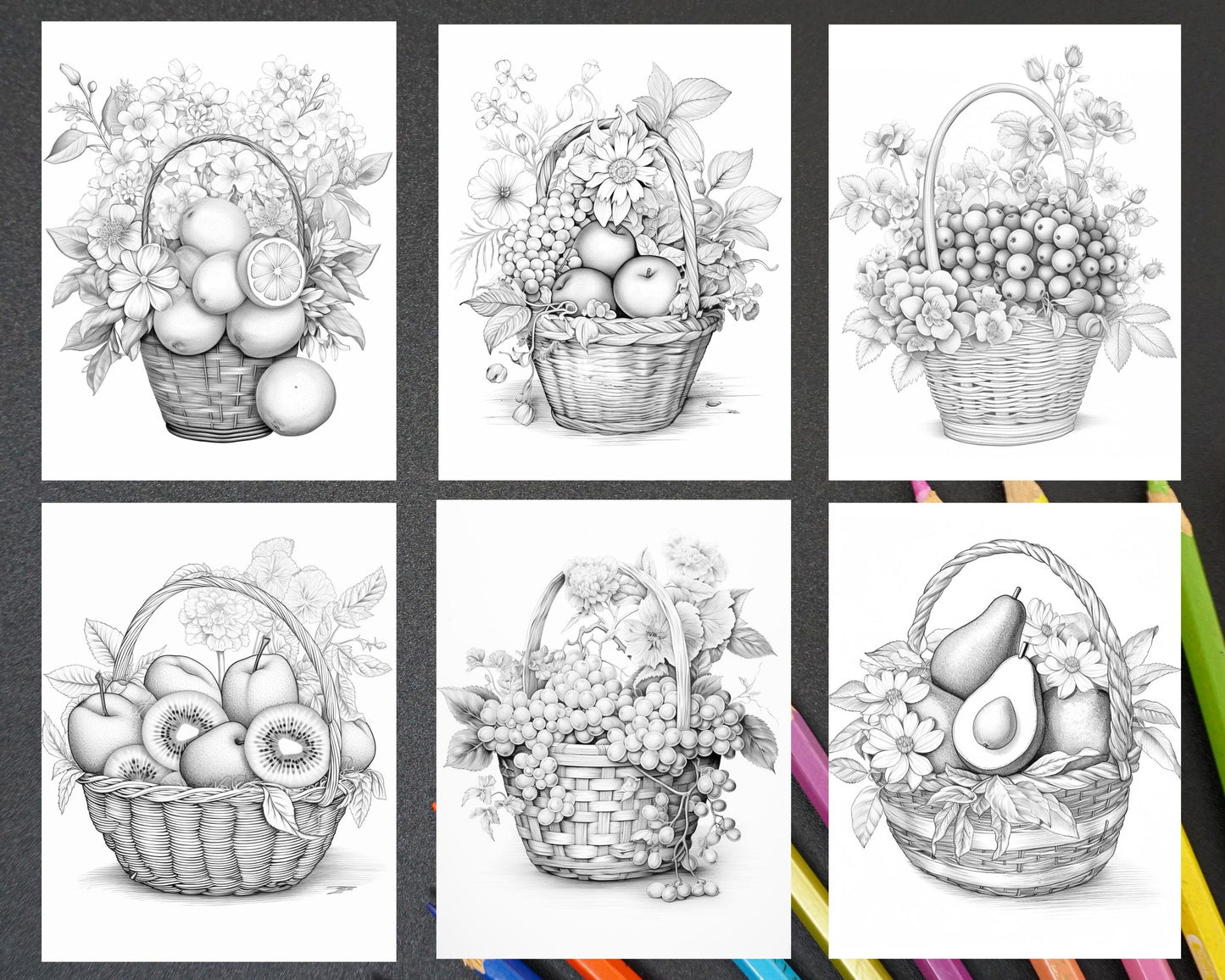 40 Fruit Basket Grayscale Coloring Pages Printable for Adults, PDF File Instant Download