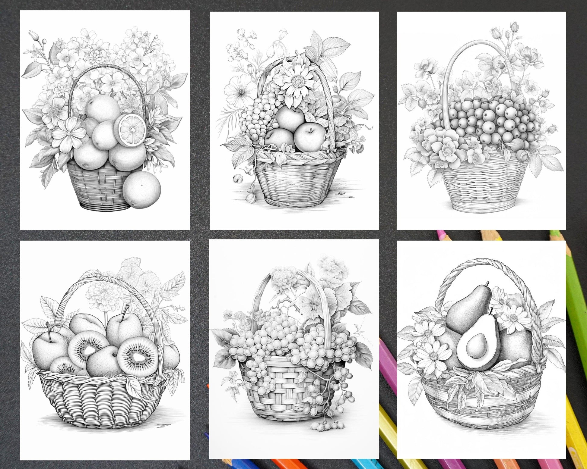 40 Fruit Basket Grayscale Coloring Pages Printable for Adults, PDF File Instant Download