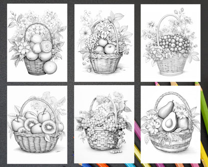 40 Fruit Basket Grayscale Coloring Pages Printable for Adults, PDF File Instant Download