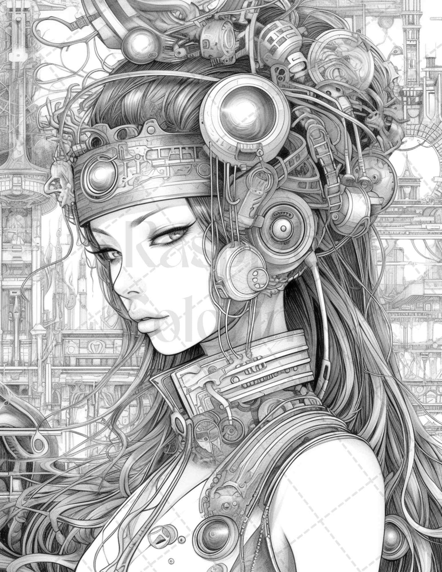 40 Beautiful Cyborg Girls Grayscale Coloring Pages Printable for Adults, PDF File Instant Download