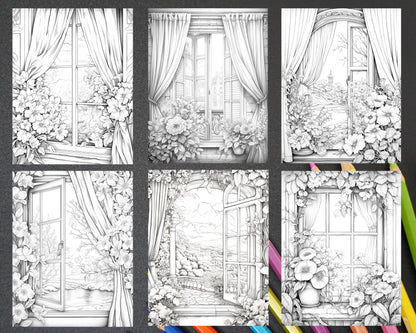 50 Blooming Windows Grayscale Coloring Pages Printable for Adults, PDF File Instant Download