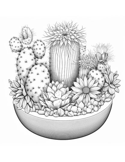 4 Free Printable Cactus Pots Coloring Pages for Adults, Grayscale Coloring Pages, PDF File Instant Download