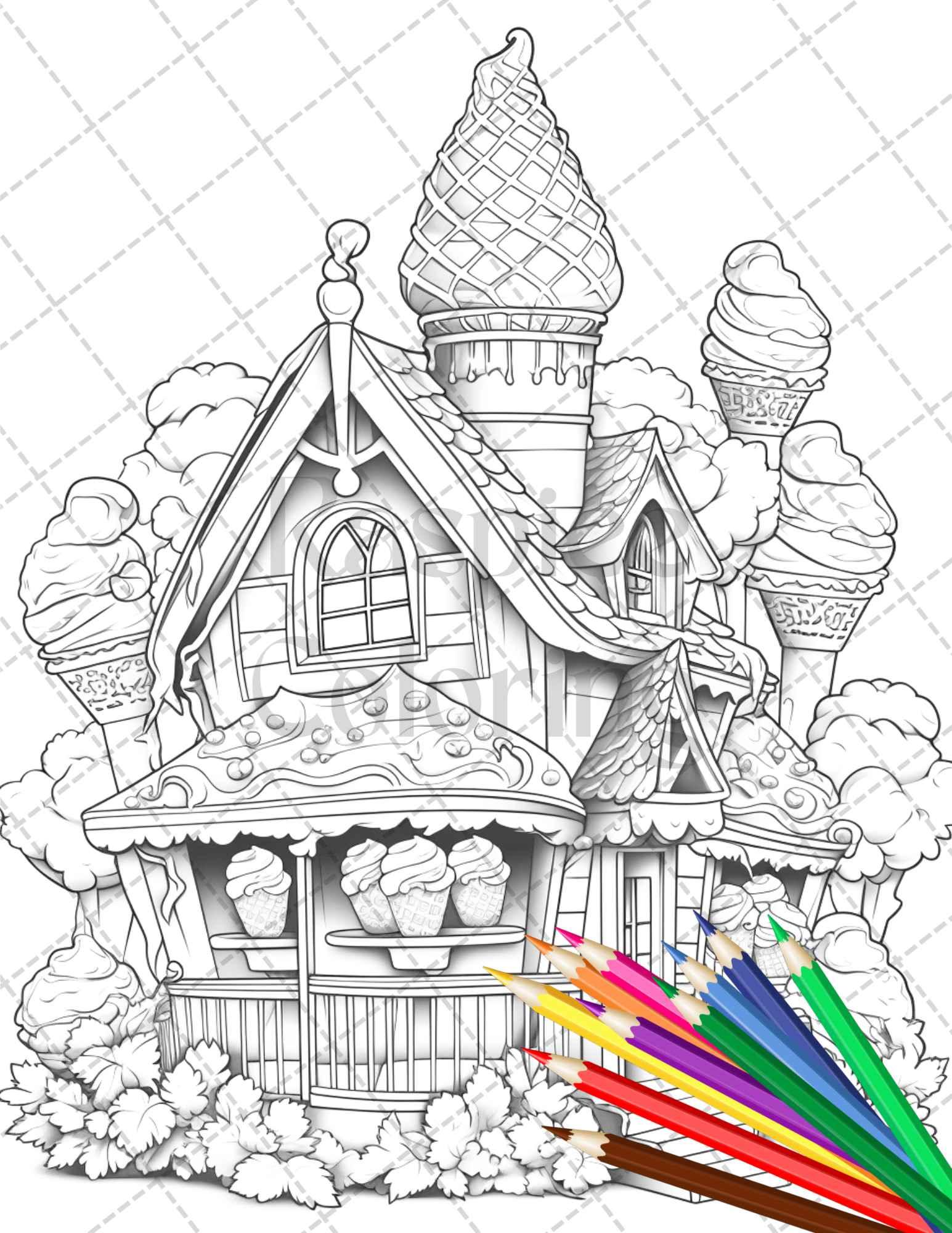 33 Ice Cream Houses Grayscale Coloring Pages Printable for Adults and Kids, PDF File Instant Download