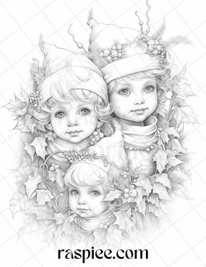 110 Christmas Elves Grayscale Coloring Pages Printable for Adults Kids, PDF File Instant Download