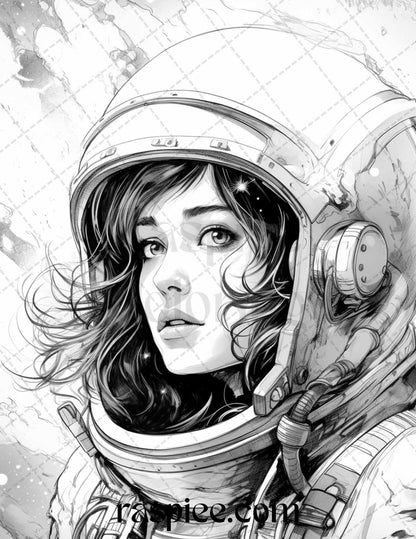 50 Astronaut Girl Portrait Grayscale Coloring Pages Printable for Adults, PDF File Instant Download