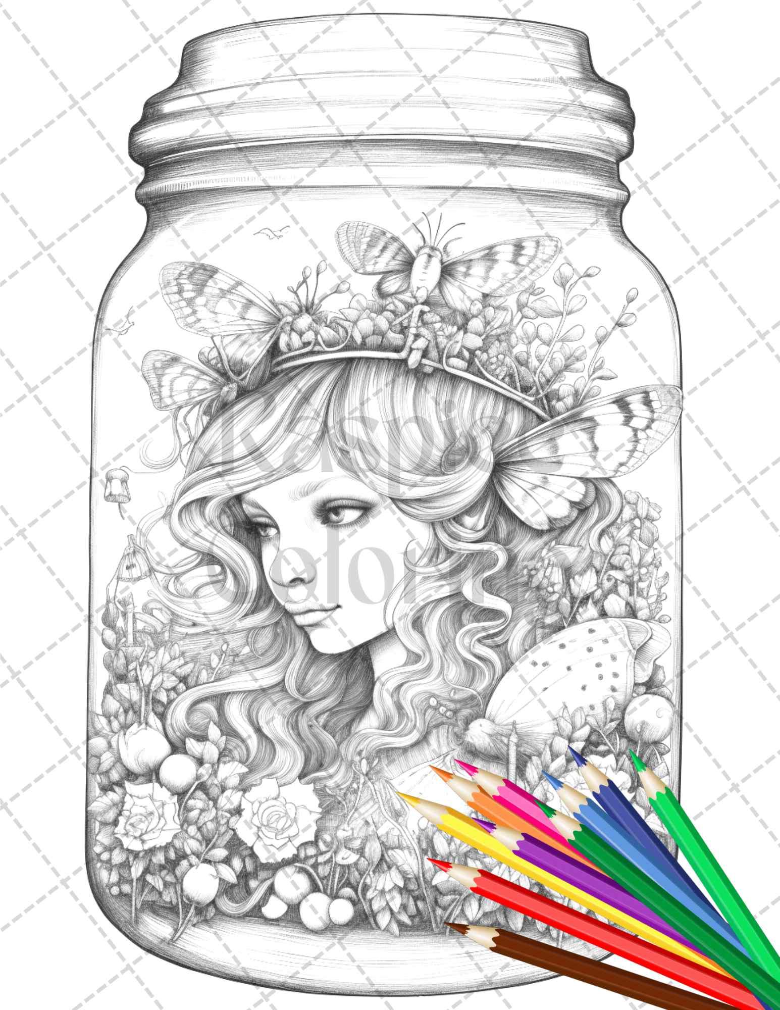 40 Beautiful Fairies in Jar Grayscale Coloring Pages Printable for Adults, PDF File Instant Download