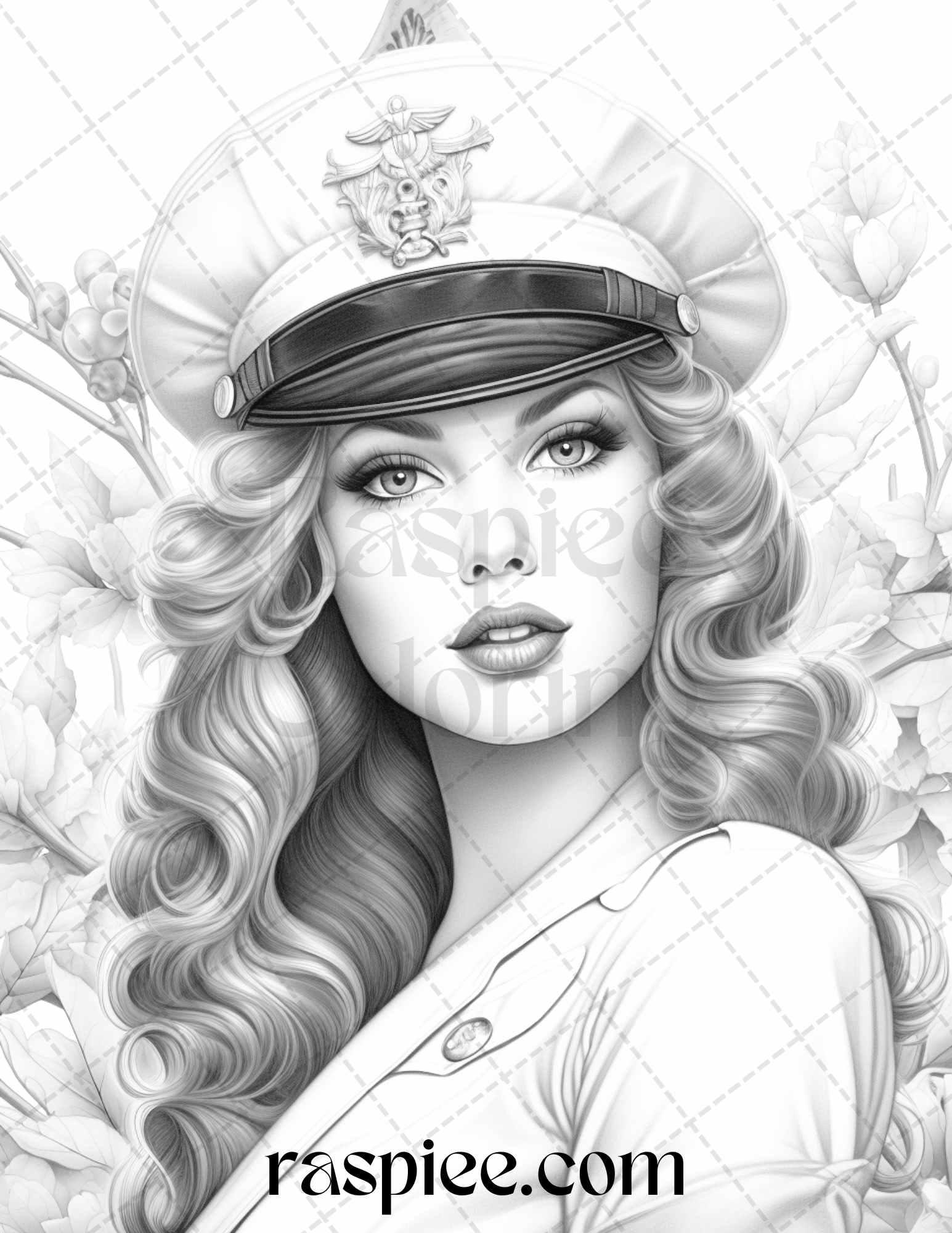 40 Sailor Pin Up Girls Grayscale Coloring Pages Printable for Adults, PDF File Instant Download