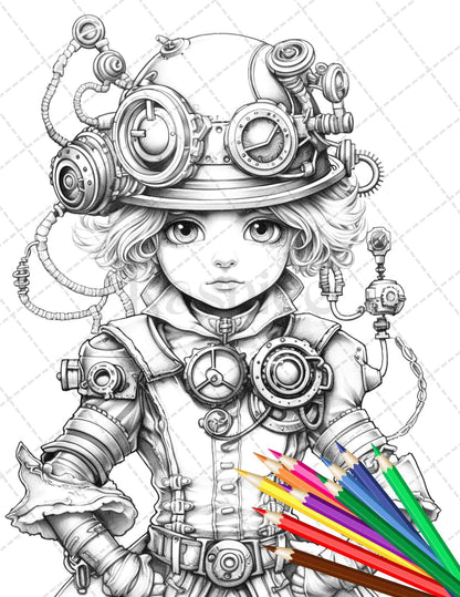 31 Adorable Steampunk Girls Coloring Pages Printable for Adults, Grayscale Coloring Page, PDF File Instant Download