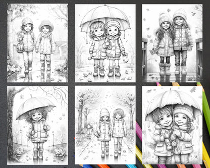 40 Rainy Autumn Day Grayscale Coloring Pages Printable for Adults and Kids, PDF File Instant Download