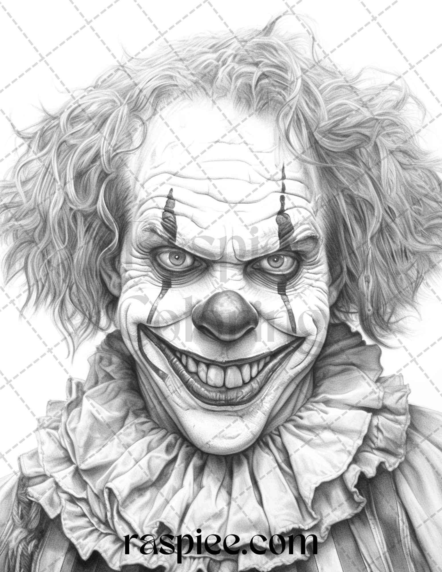 40 Spooky Clowns Grayscale Coloring Pages Printable for Adults, PDF File Instant Download