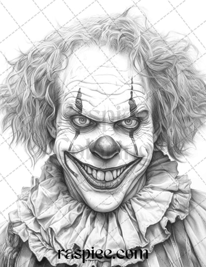 40 Spooky Clowns Grayscale Coloring Pages Printable for Adults, PDF File Instant Download