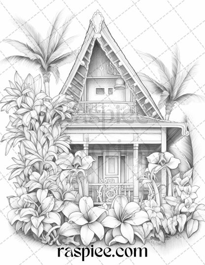 40 Hawaii Tiki Houses Grayscale Coloring Pages Printable for Adults, PDF File Instant Download