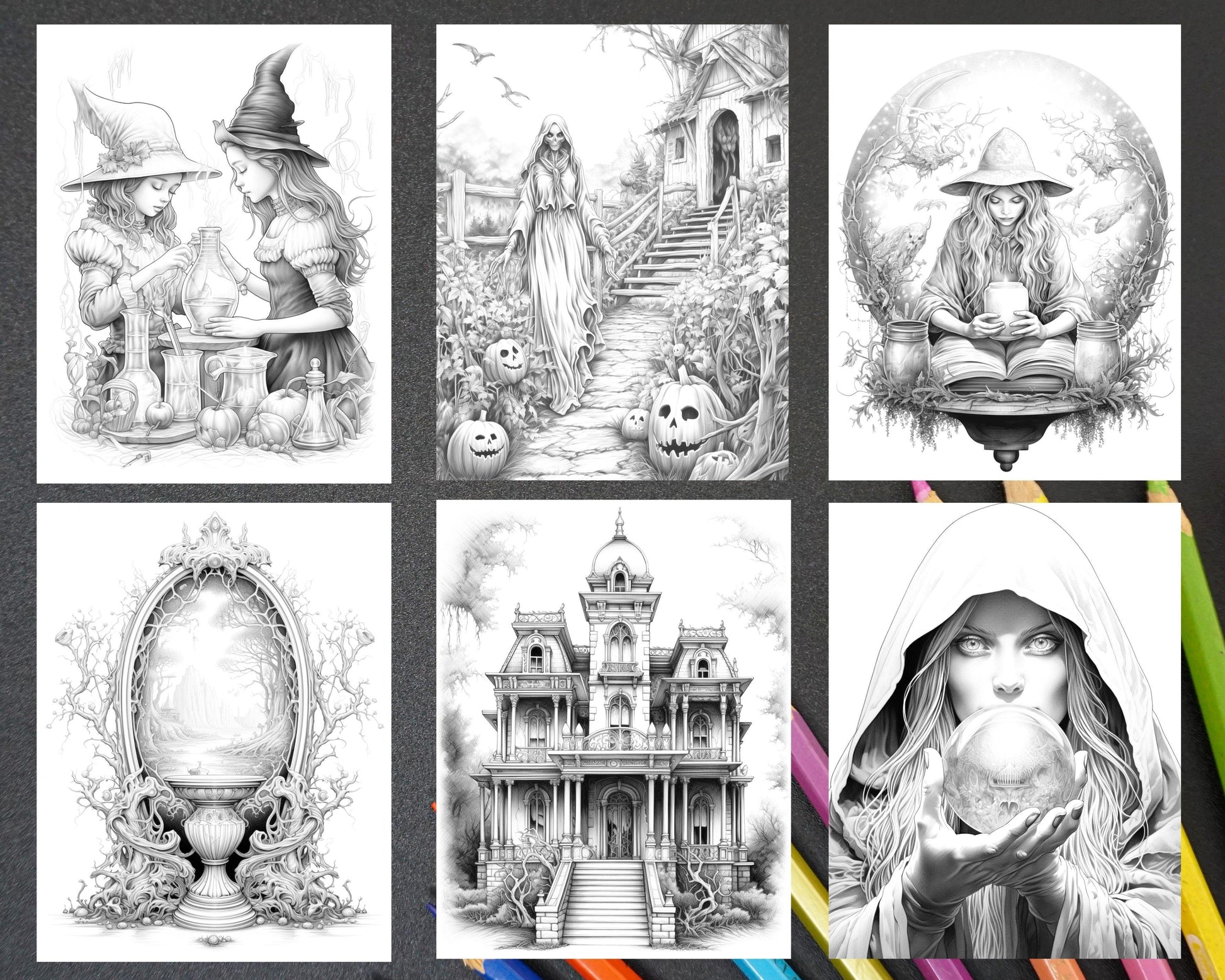 40 Witchy Land Grayscale Coloring Pages Printable for Adults, PDF File Instant Download