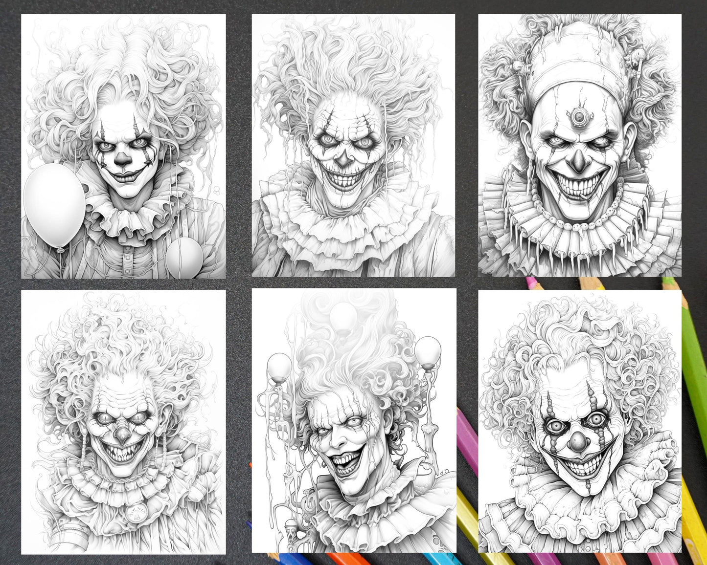 40 Spooky Clowns Grayscale Coloring Pages Printable for Adults, PDF File Instant Download