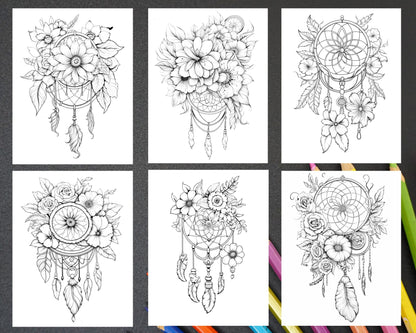 30 Flower Dreamcatcher Grayscale Coloring Pages Printable for Adults, PDF File Instant Download