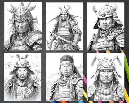 42 Japanese Samurai Grayscale Coloring Pages for Adults, Printable PDF File Instant Download