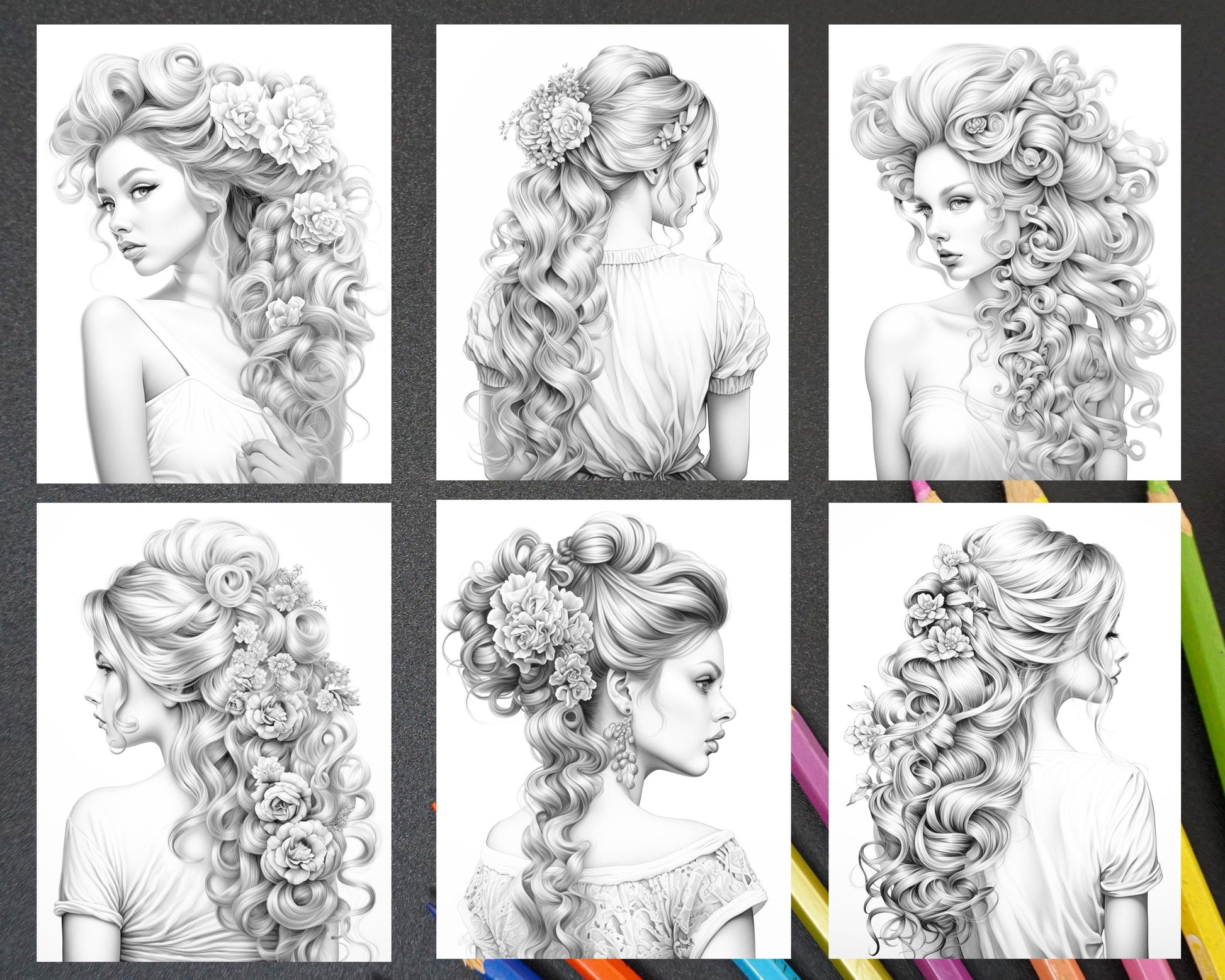 43 Beautiful Hairstyles Grayscale Coloring Pages Printable for Adults, PDF File Instant Download