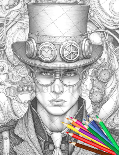 42 Steampunk Mens Grayscale Coloring Pages Printable for Adults, PDF File Instant Download