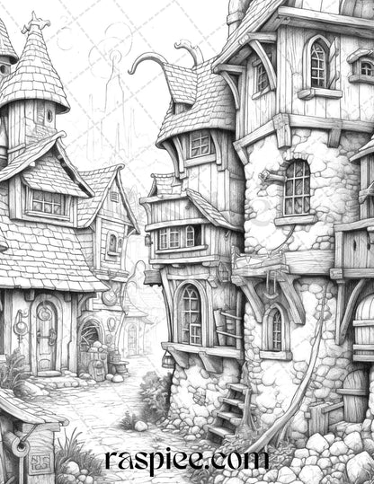 40 Fantasy Village Grayscale Coloring Pages Printable for Adults, PDF File Instant Download