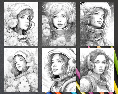 50 Astronaut Girl Portrait Grayscale Coloring Pages Printable for Adults, PDF File Instant Download